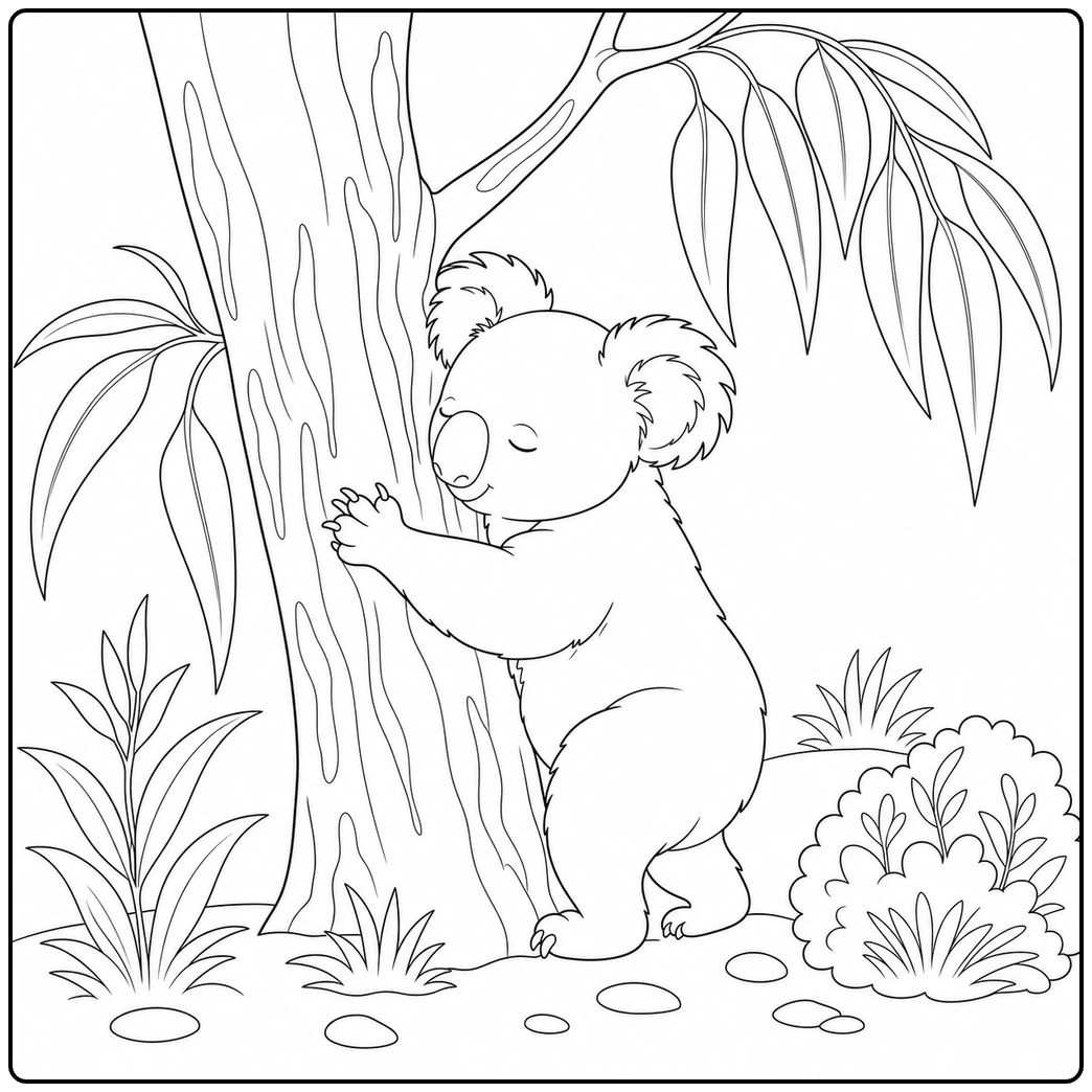 Koala hugs a eucalyptus trunk with closed eyes among leafy bushes and small stones