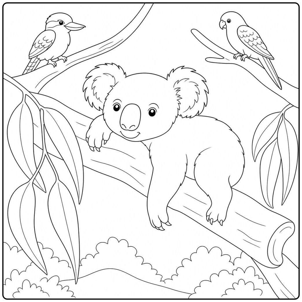 Resting koala coloring page with two birds perched above a koala on a tree branch