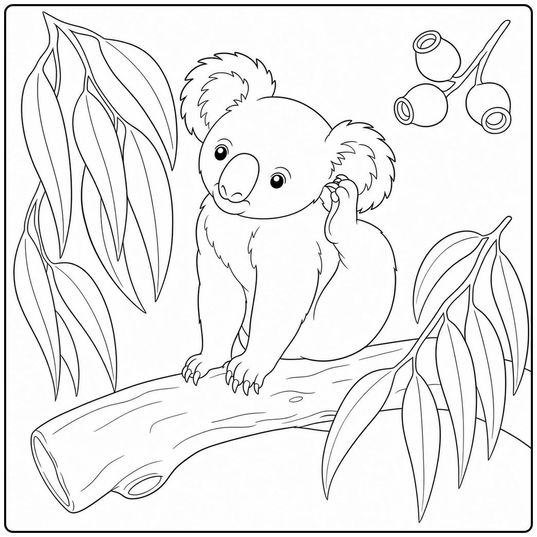 Seated koala scratching its ear on a branch beside eucalyptus leaves and gum nuts