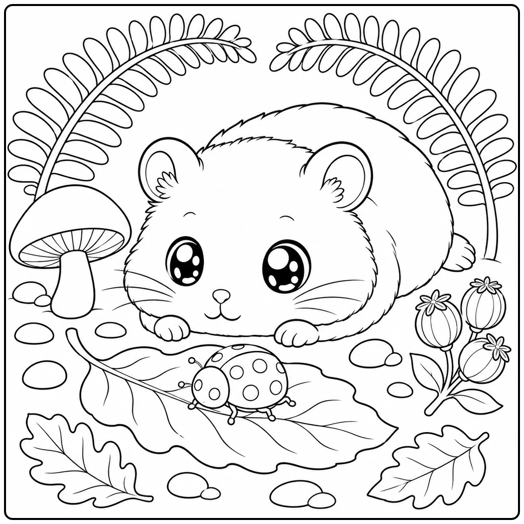 A kawaii hamster coloring page features a resting hamster watching a ladybug crawl across a broad leaf