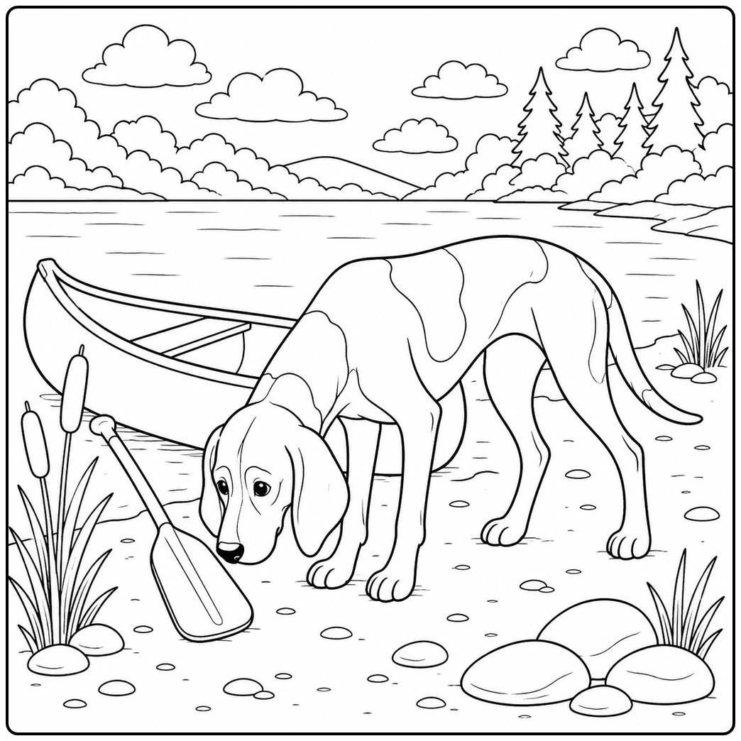 Hound sniffing near a canoe and paddle at the lakeshore in this outdoor coonhound coloring page scene