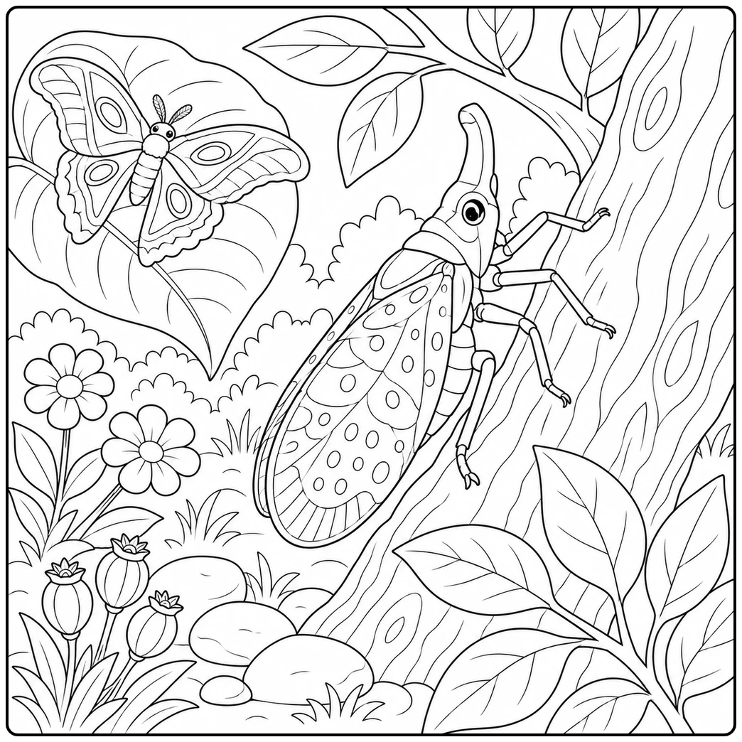 Lanternfly climbing a tree trunk while a broad-winged moth rests on a nearby leaf