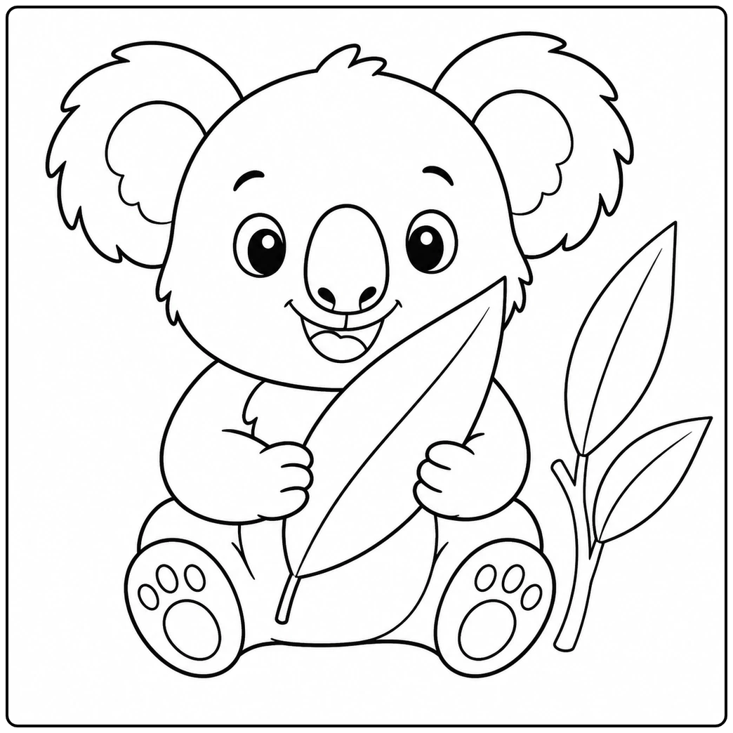 Easy Koala Coloring Page for Kids featuring a seated koala holding one large leaf.