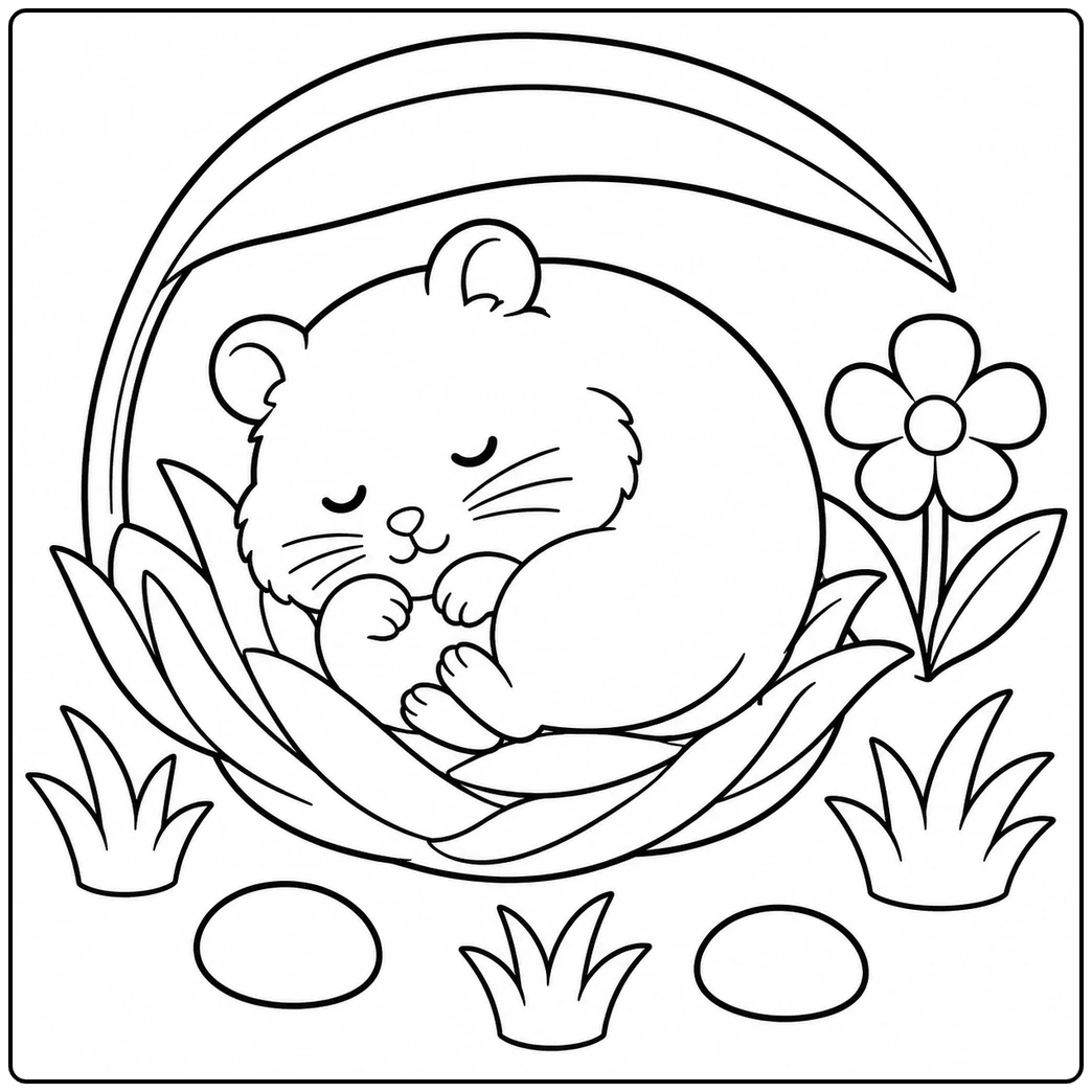 An easy hamster coloring page features a curled sleeping hamster nestled among broad leaves and grass