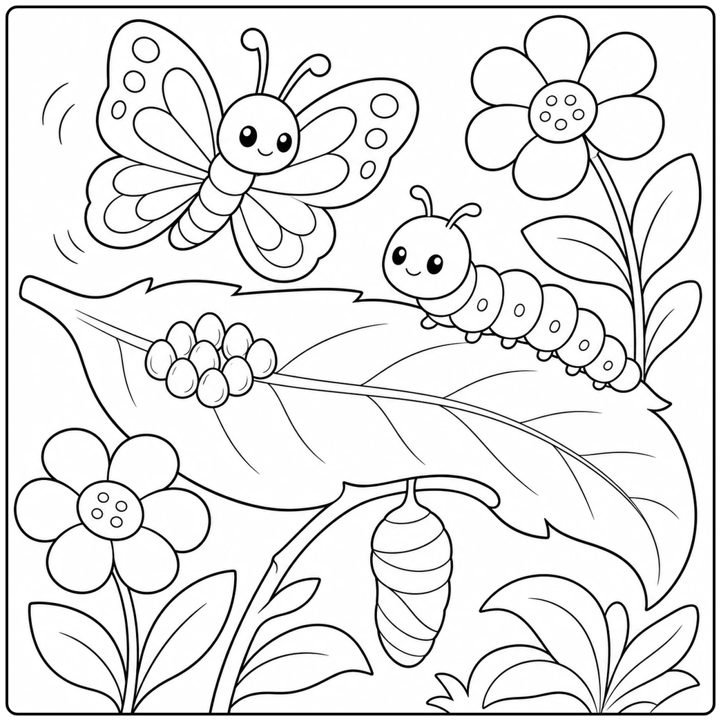 Butterfly and caterpillar hover near eggs and a chrysalis among broad leaves and flowers.