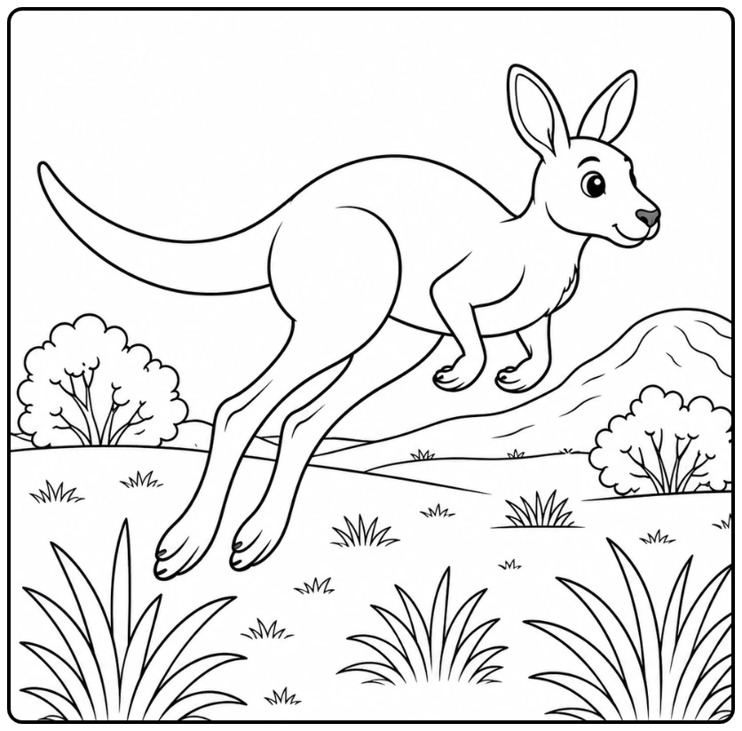 A long-tailed kangaroo leaps across open grassland with low bushes and rolling hills in the distance.