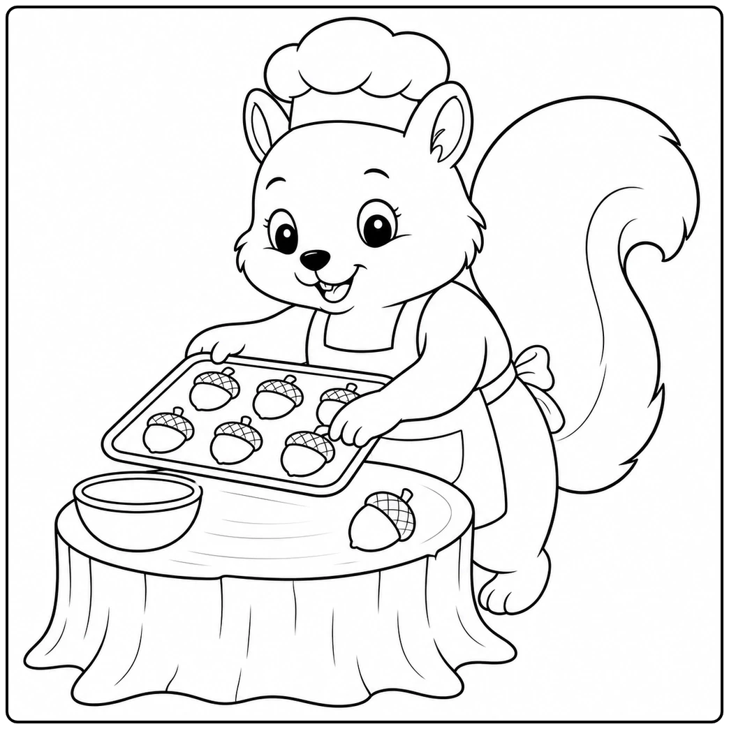 Squirrel baker carrying acorn cookies beside a stump table, bowl, and baking tray