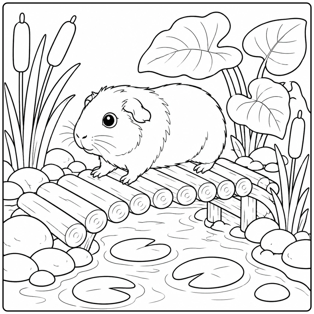 Small guinea pig crossing a log bridge over a stream with lily pads, reeds, and smooth stones