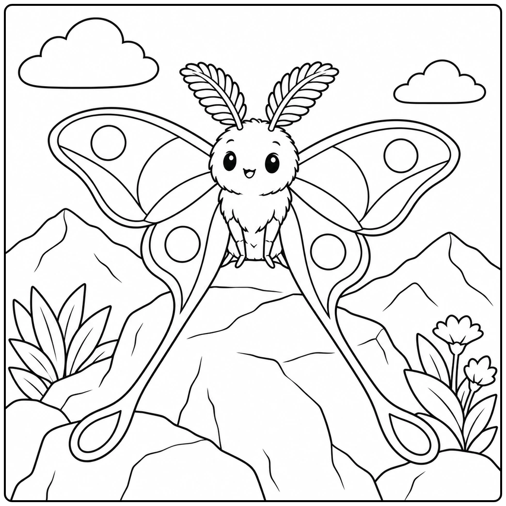 Long-tailed moth on a rocky peak in a moth coloring page with mountains and clouds.