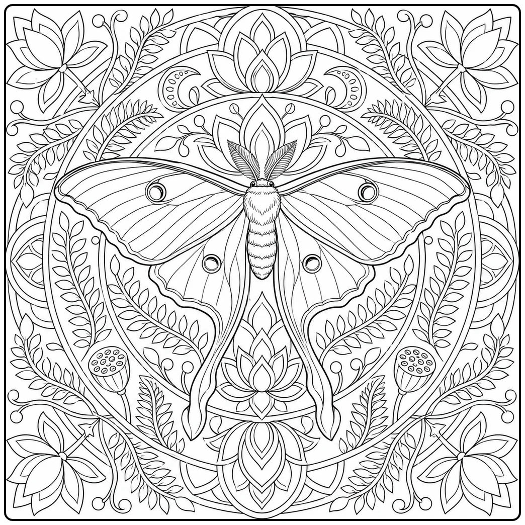 Botanical moth coloring page frames a detailed Luna moth with dense floral mandala forms.