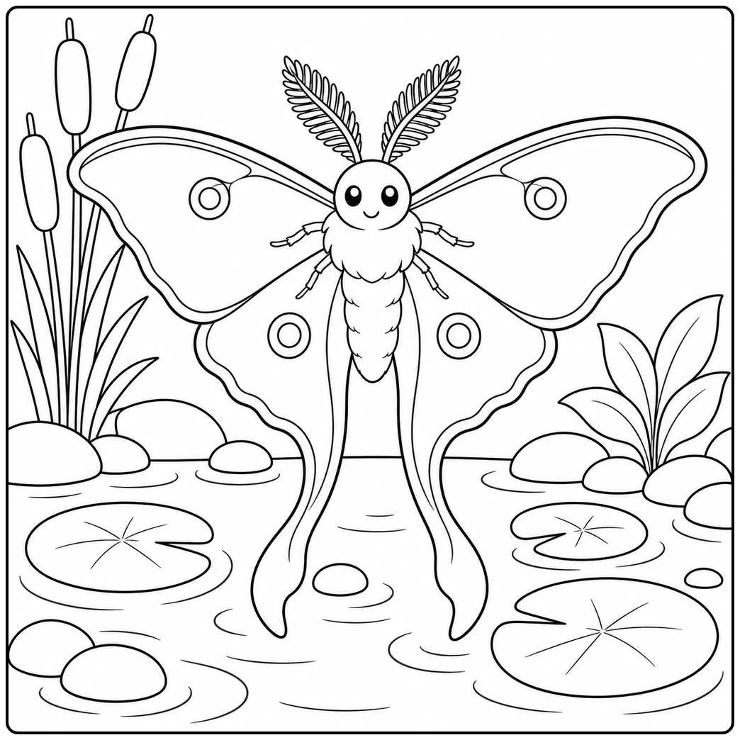 Luna moth coloring page above a pond with lily pads, reeds, and gentle water ripples.