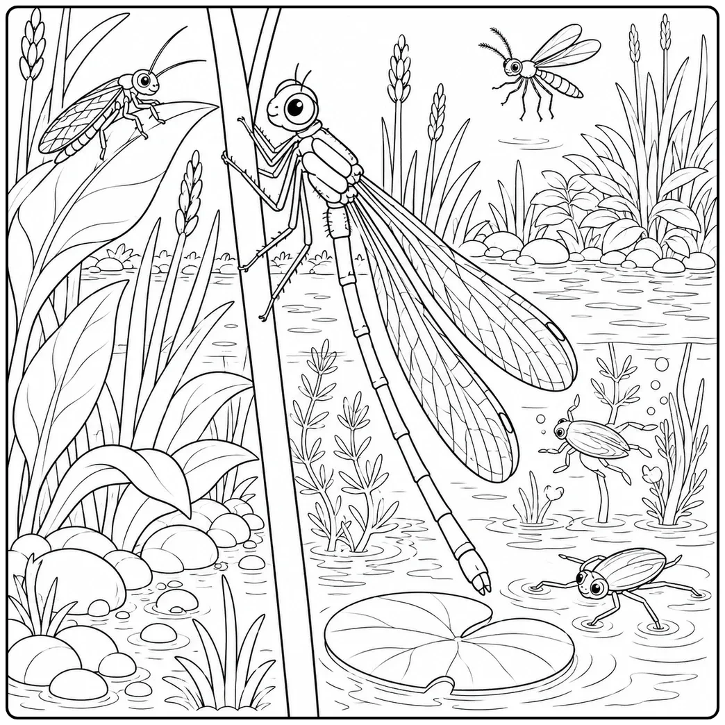 Damselfly grips a tall marsh stem while aquatic insects spread around reeds and pond water