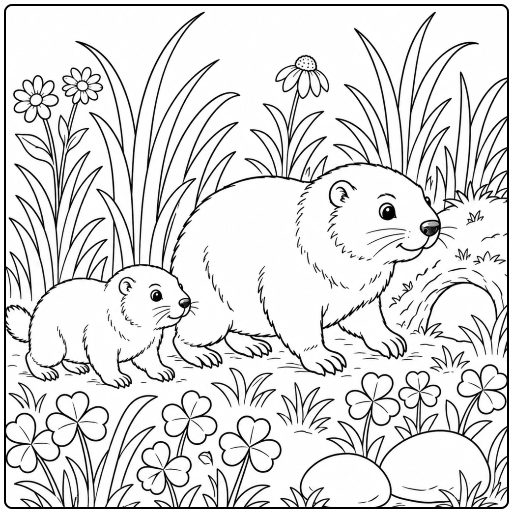 An adult groundhog walks with a smaller groundhog through tall grass and flowers across a rocky meadow.