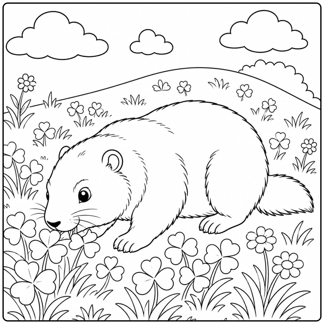 Meadow flowers surround a groundhog coloring page as the animal walks beneath rolling hills and clouds.
