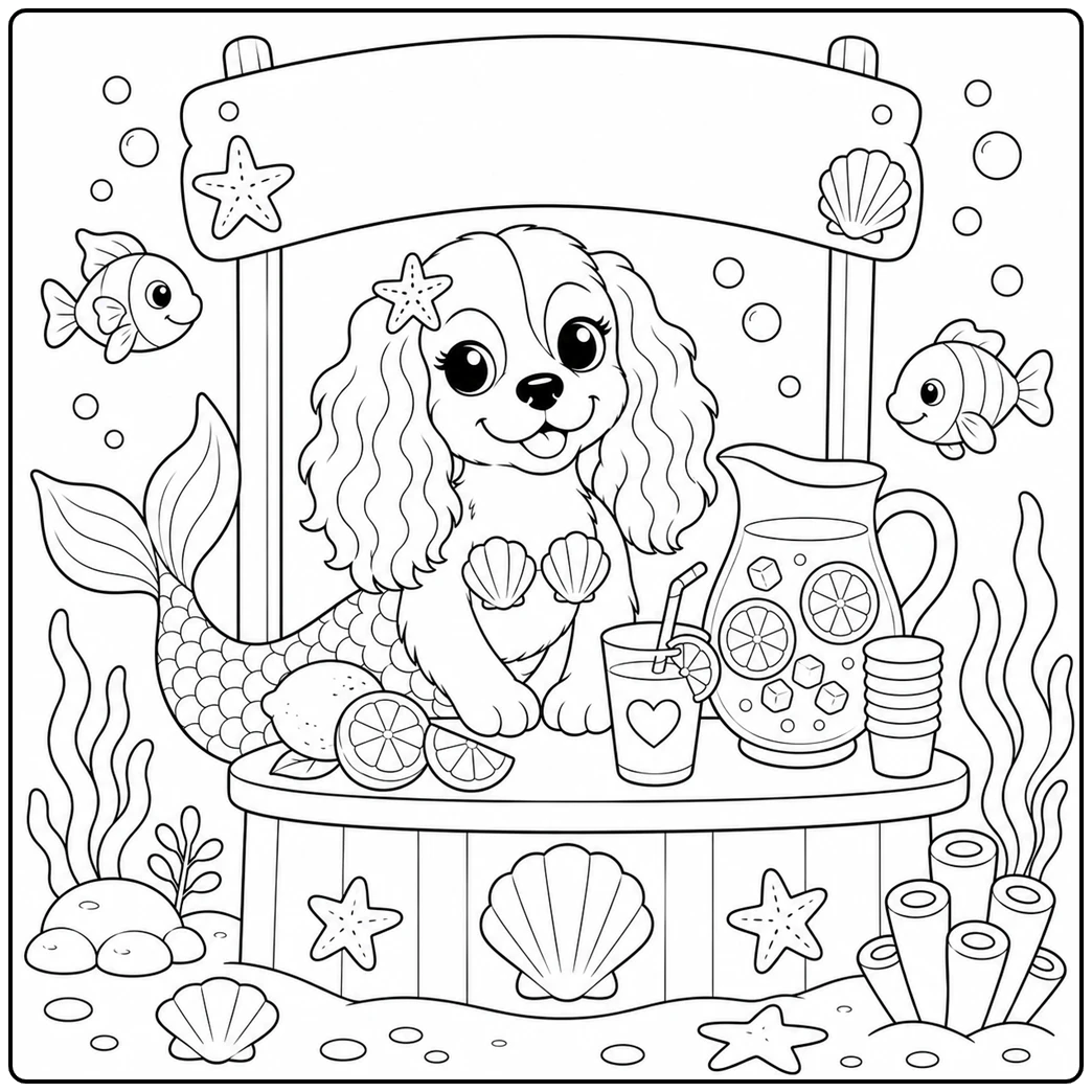Underwater merdog at a lemonade stand with pitcher, cups, fish, and sea plants
