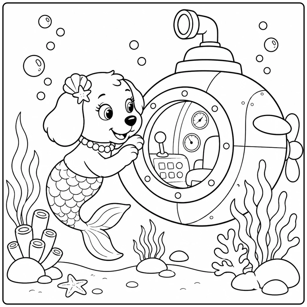 Dog mermaid peeks into a round submarine porthole with simple controls inside
