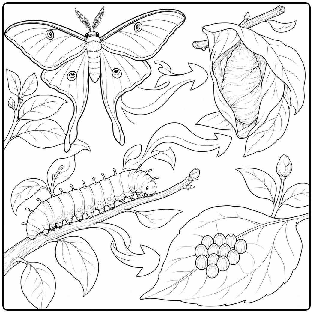 Large winged adult, caterpillar, chrysalis and egg cluster appear across leafy branches.
