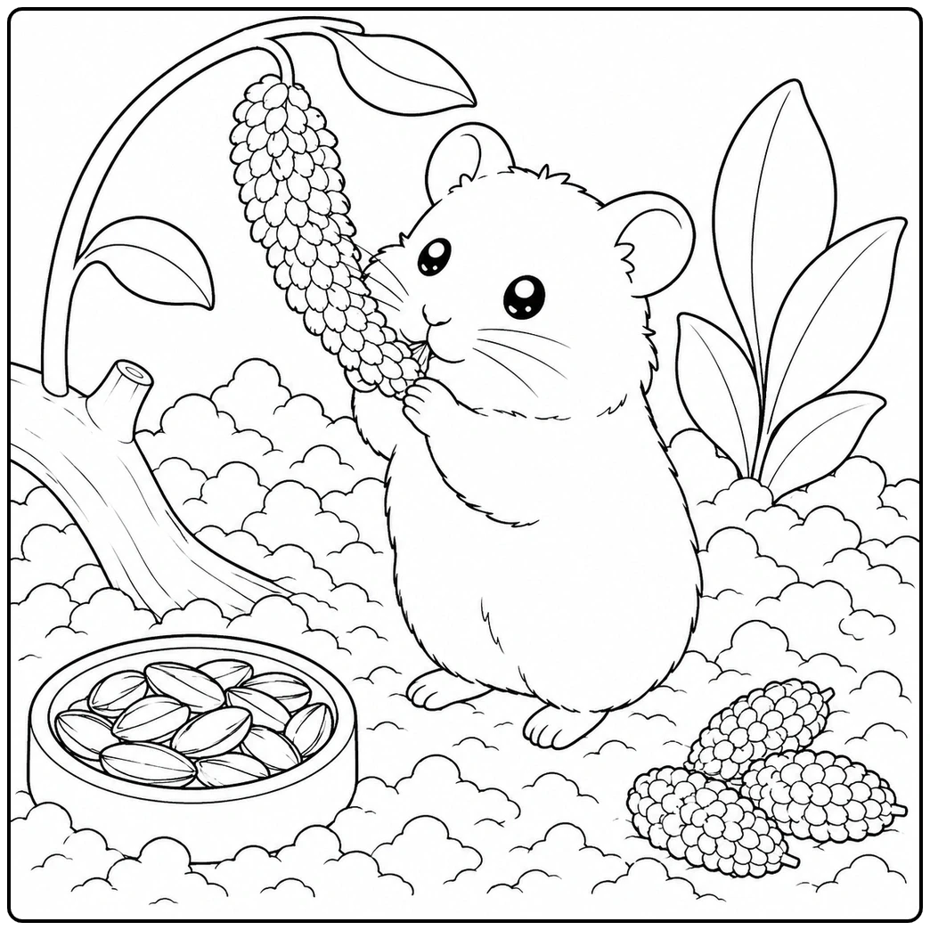 Fluffy hamster nibbling a hanging millet spray beside a seed bowl and leafy enclosure plants