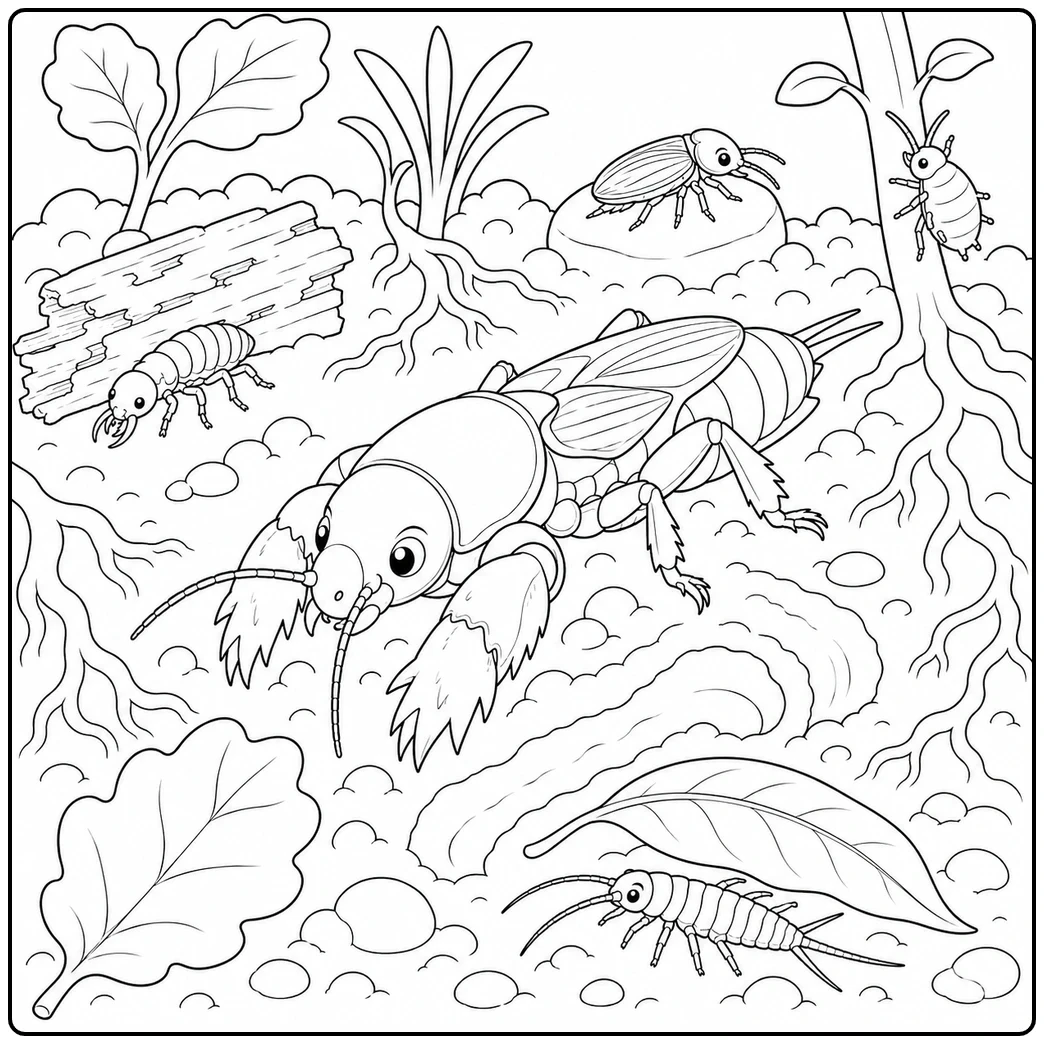 Mole cricket digs through loose soil while smaller insects appear around roots and leaves