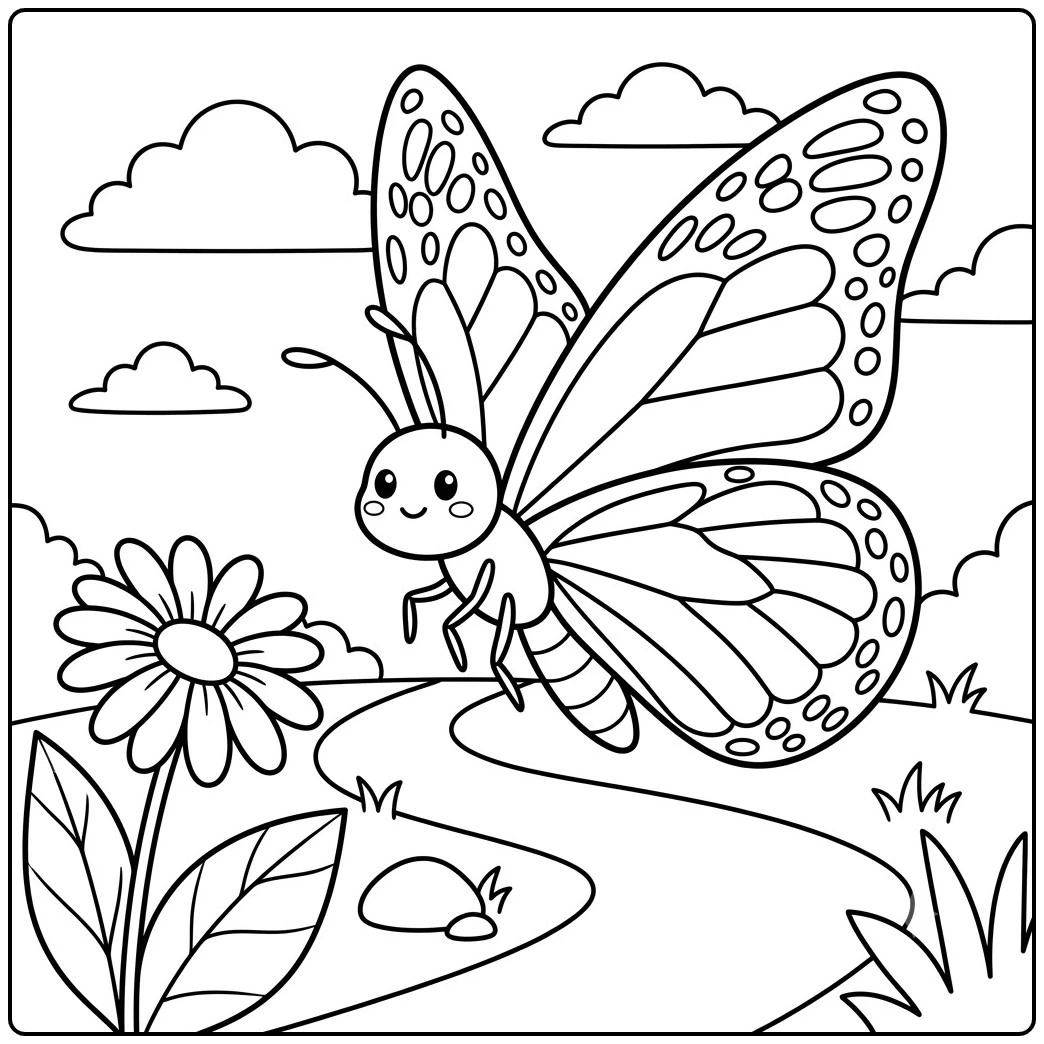 Friendly monarch butterfly flies above a winding path with clouds and a daisy