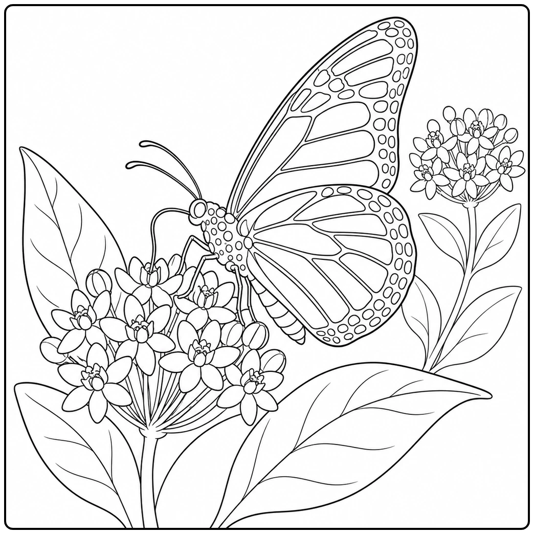 Detailed monarch butterfly coloring page with a butterfly perched on clustered flowers and leaves.