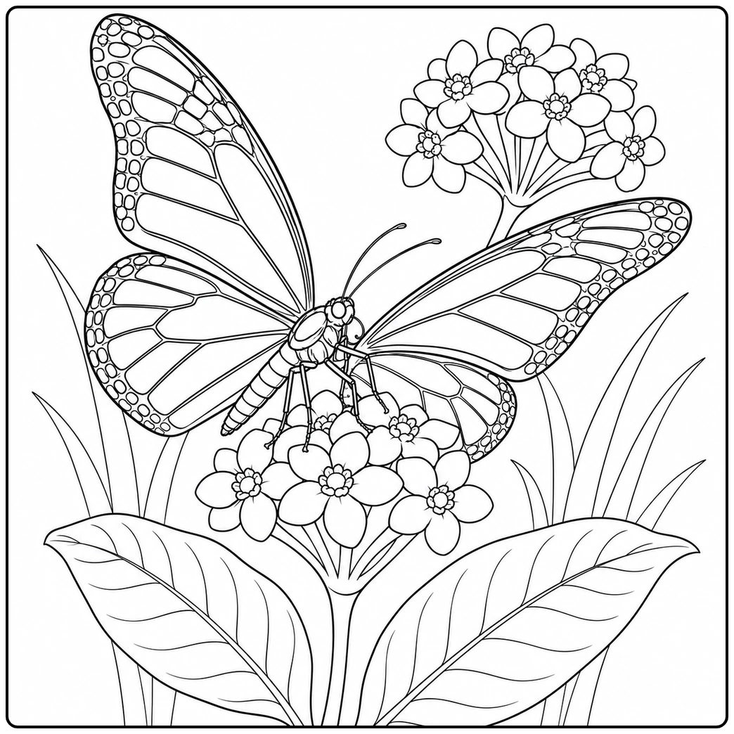 Monarch butterfly perched on clustered milkweed flowers among large garden leaves