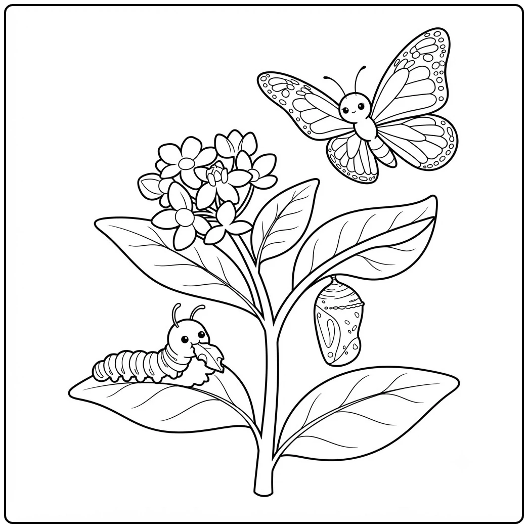 Milkweed plant shows a caterpillar, chrysalis, and adult in a monarch butterfly coloring page.
