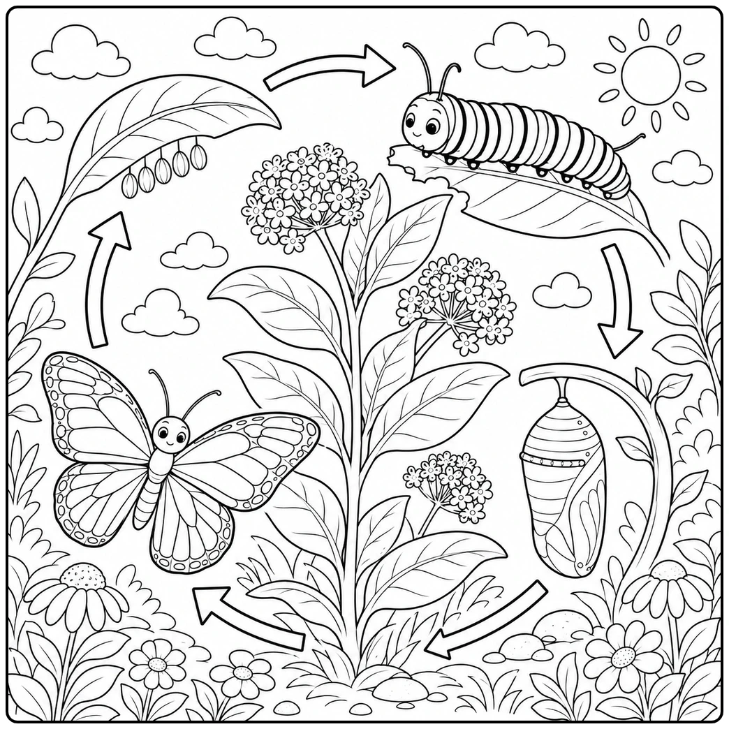 Monarch eggs, caterpillar, chrysalis, and butterfly arranged among flowers and leaves