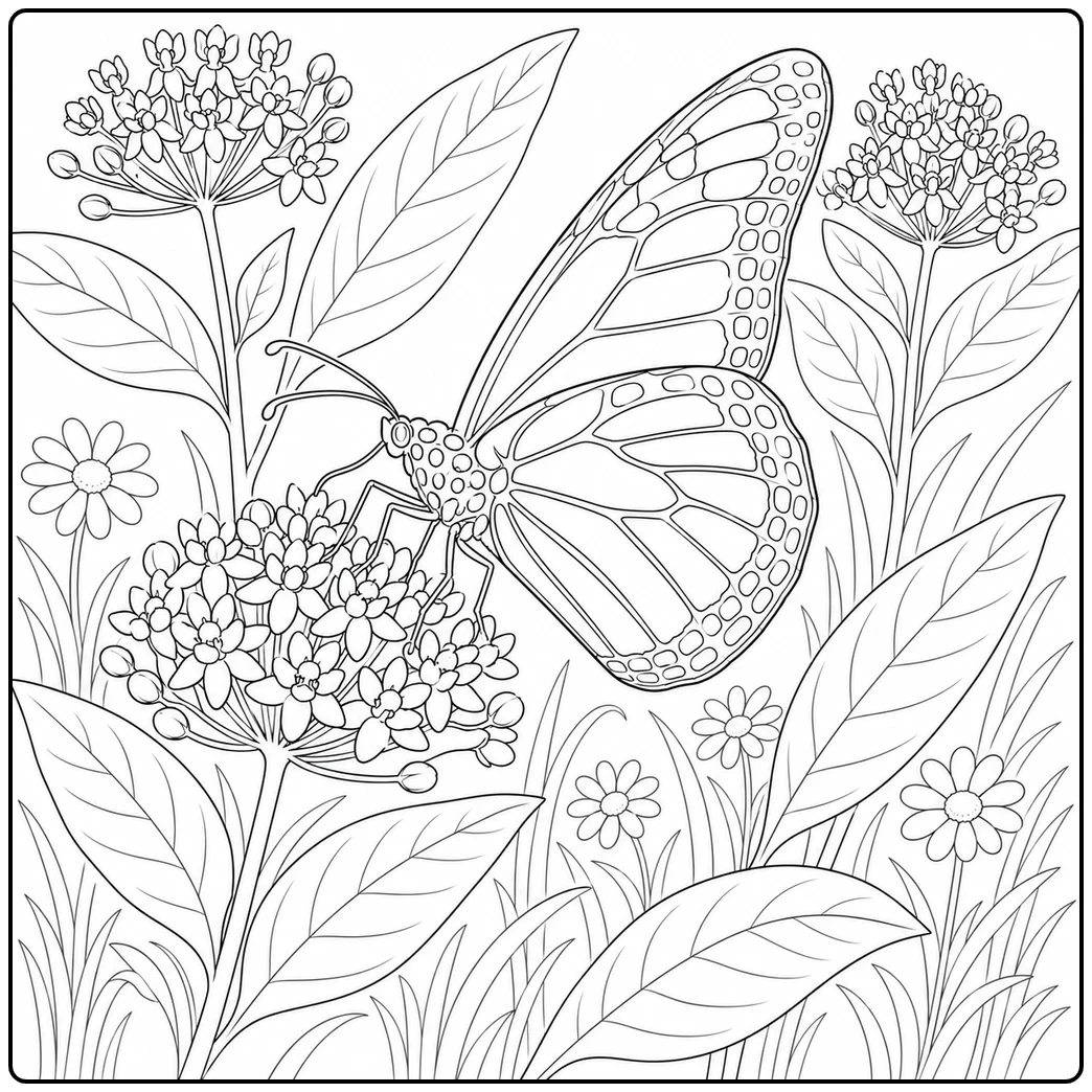 Monarch resting on clustered flowers in a realistic monarch butterfly coloring page