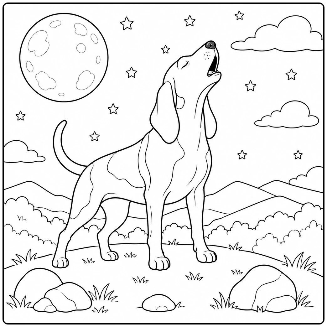 Long-eared hound howling on a hill under a moon and stars, styled as a coonhound coloring page