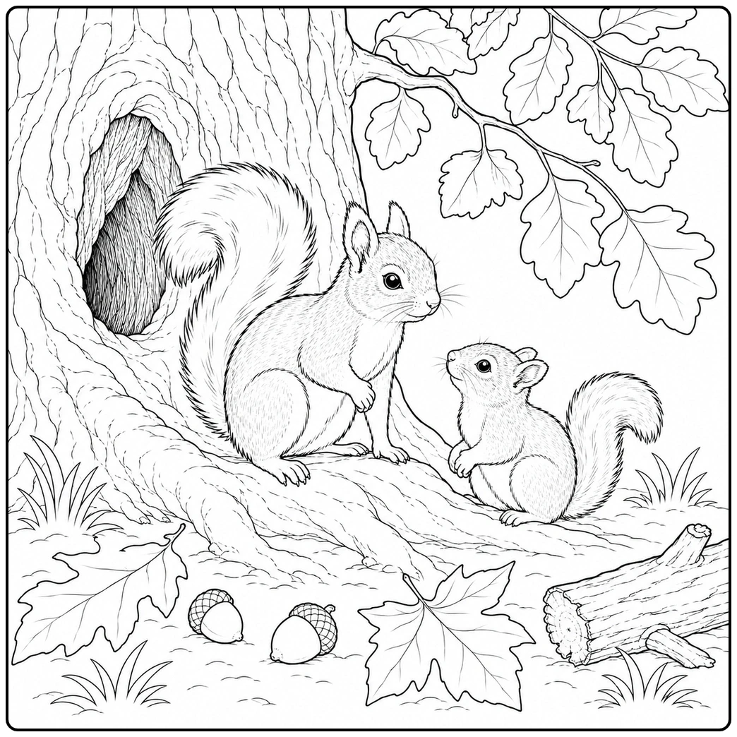 Adult squirrel and juvenile meet beside a tree hollow with acorns and fallen leaves