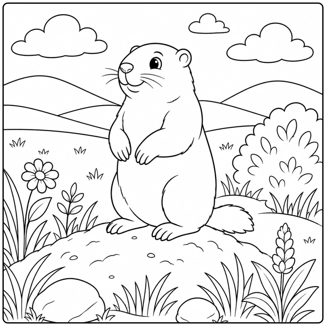 Standing upright on a rock, a groundhog looks across a flowered hillside toward distant mountains.