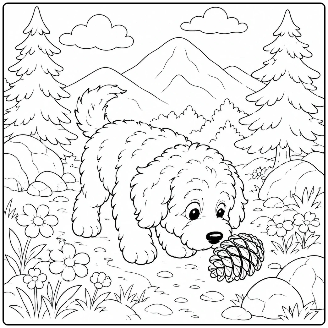 Fluffy Bernedoodle sniffing a large pine cone along a mountain trail framed by tall evergreens