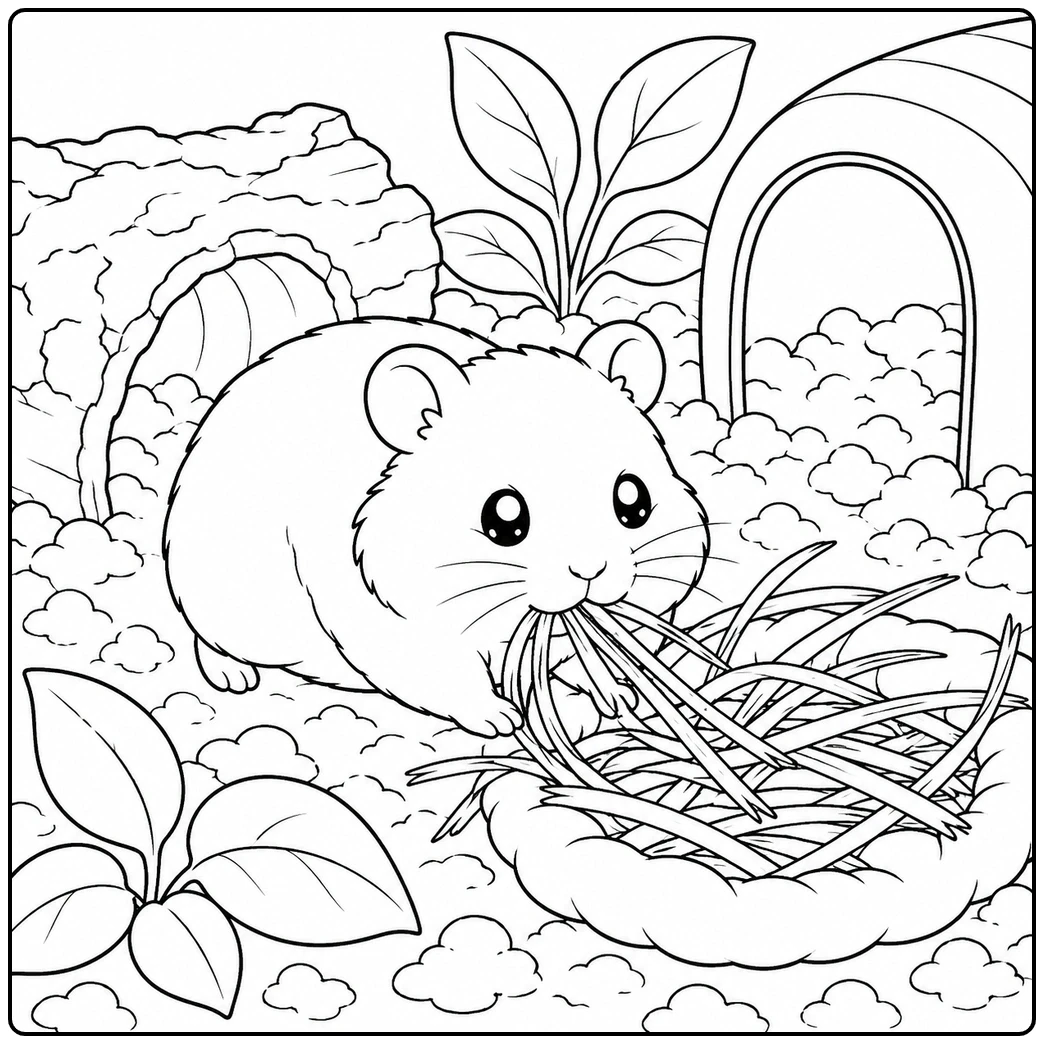 Hamster carrying long strands of hay toward a soft nest between two cozy enclosure hideouts