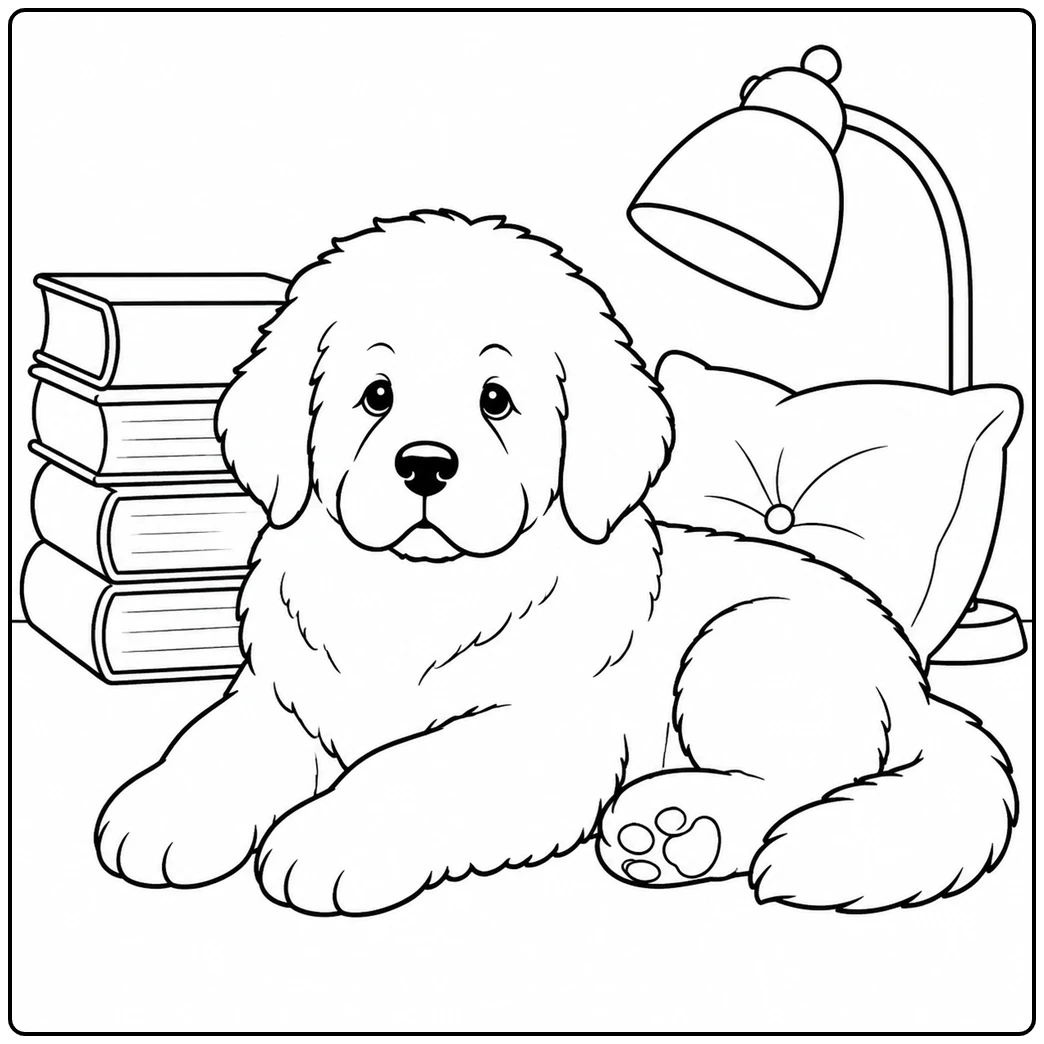Newfoundland puppy resting in a cozy reading nook beside books, a cushion, and a lamp
