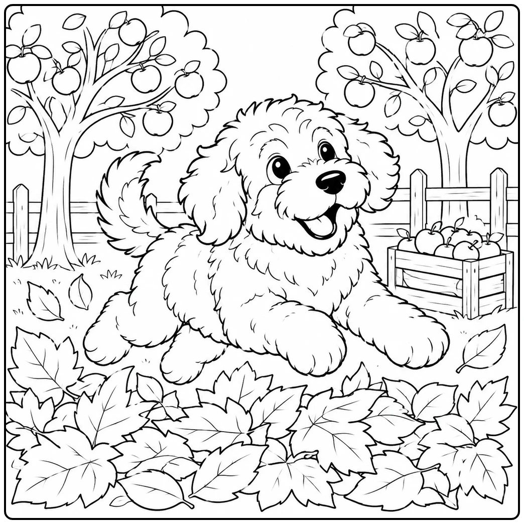 An orchard scene becomes a bernedoodle coloring page as the fluffy dog bounds through fallen leaves