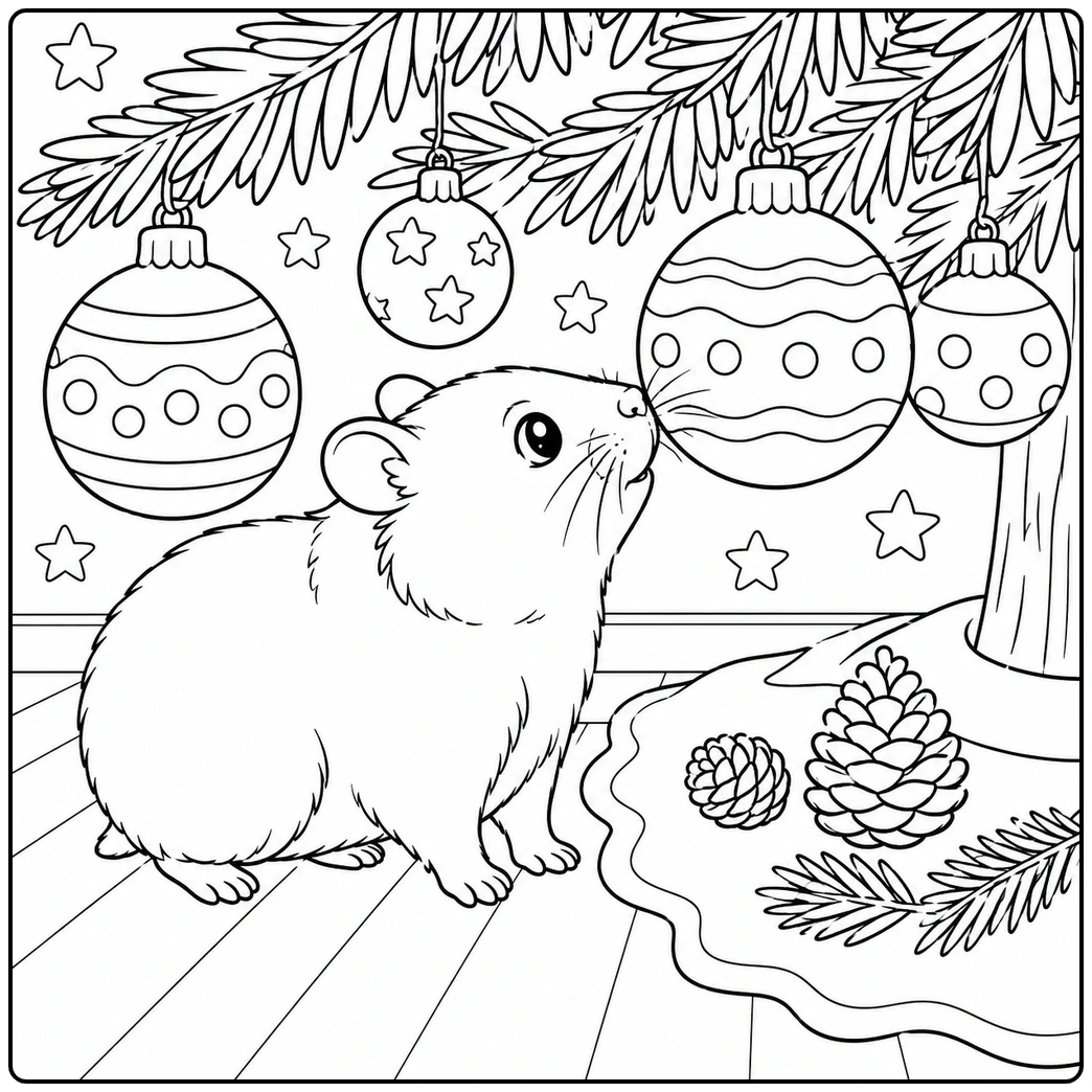Curious hamster sniffs a hanging ornament beneath a Christmas tree beside pinecones and fir sprigs
