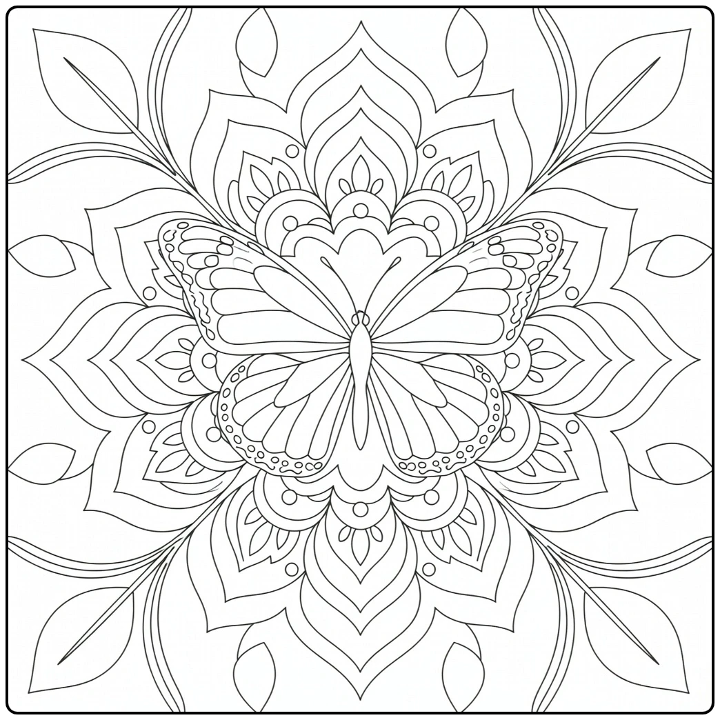 Butterfly spreads its wings over an ornate floral mandala filled with layered leaf shapes.