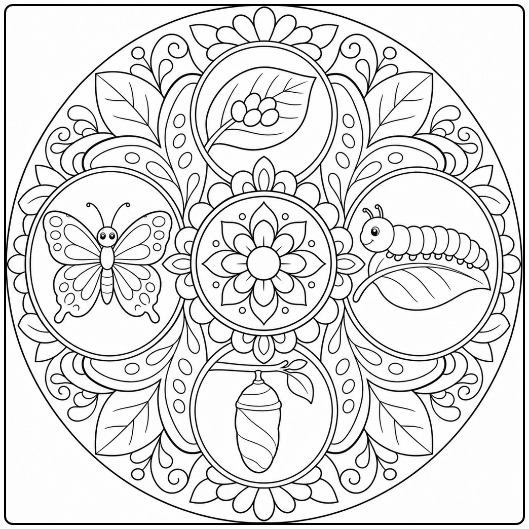 Ornate circular pattern places eggs, caterpillar, chrysalis and butterfly around a flower.