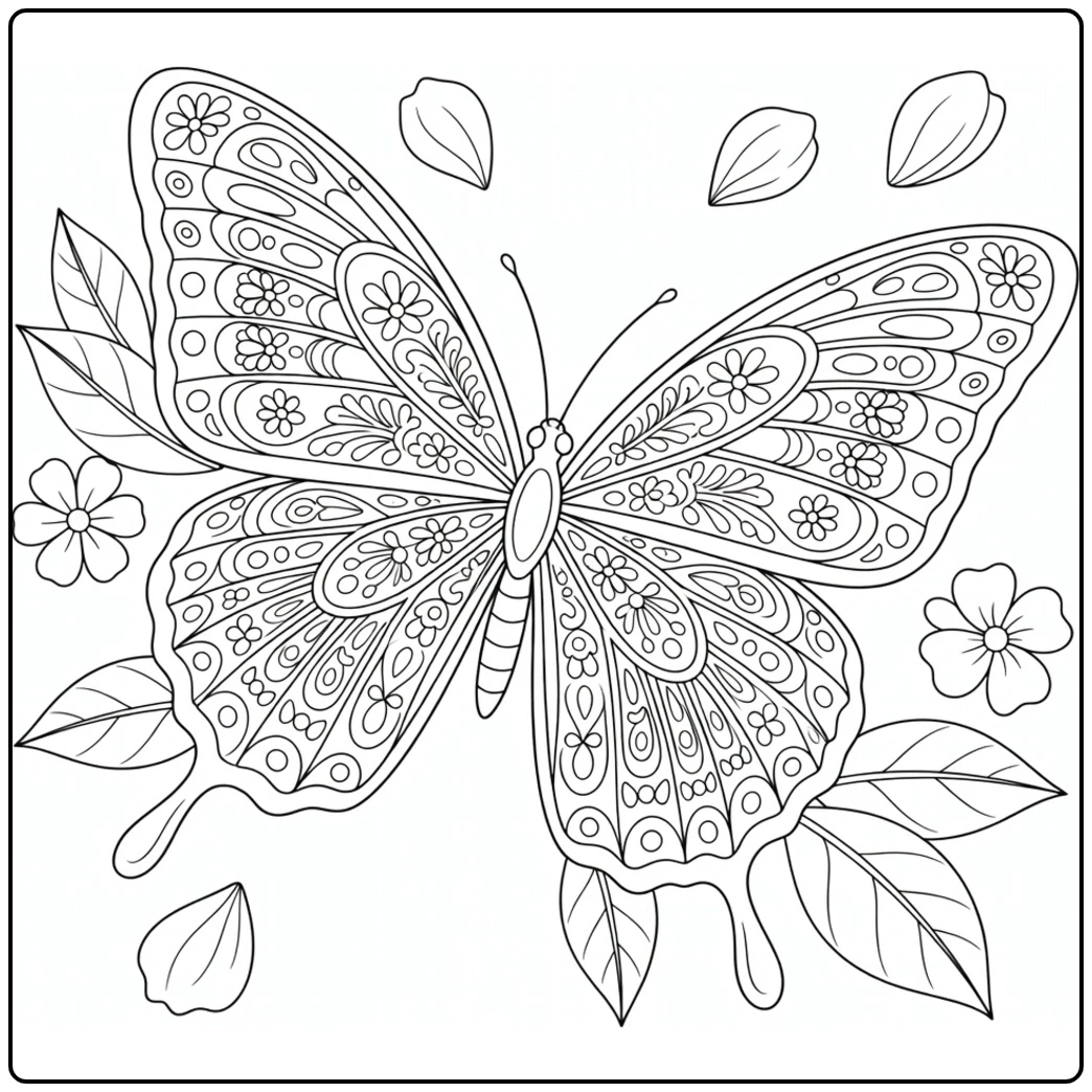 Ornate wings fill this detailed butterfly coloring page for adults with flowers and leaves