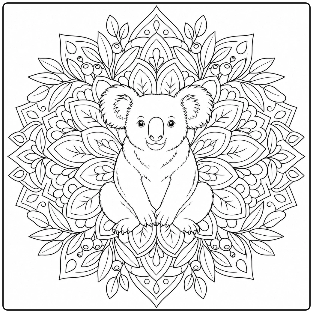 Seated koala rests within an ornate symmetrical mandala filled with leaves and floral shapes