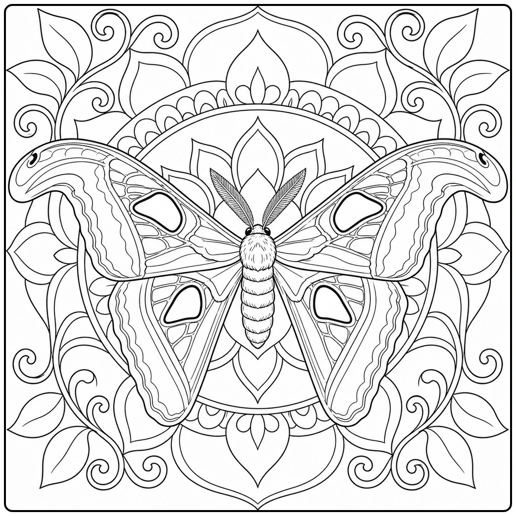 Ornate moth mandala features a centered moth with flowing wings and layered symmetry.
