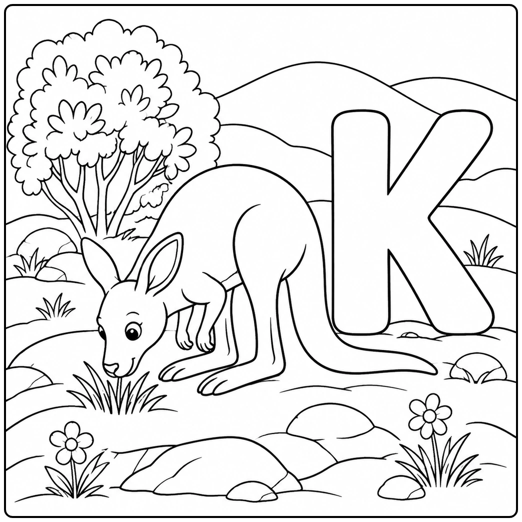 Young kangaroo bends toward a grass patch beside a large letter K, with rocks, flowers, and a leafy tree.