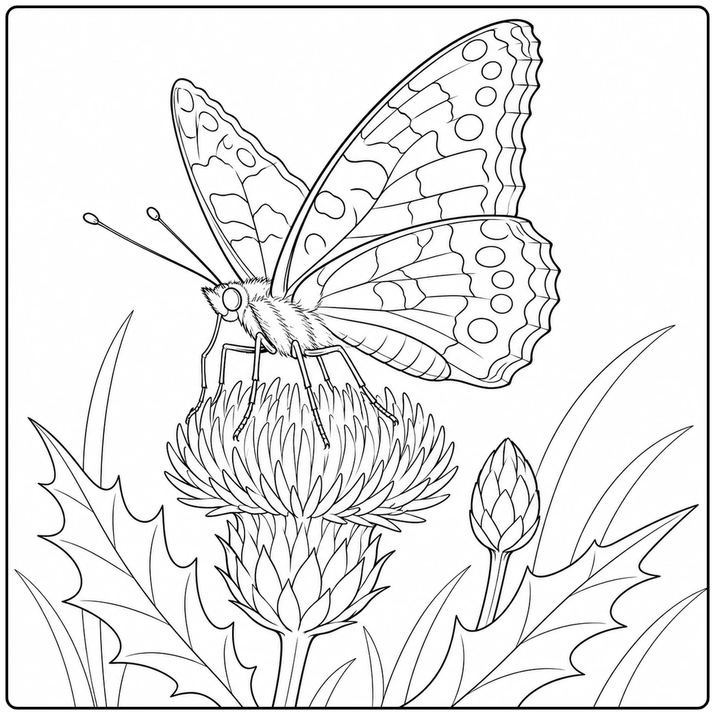 Painted Lady butterfly perched on a detailed thistle bloom with spiny leaves