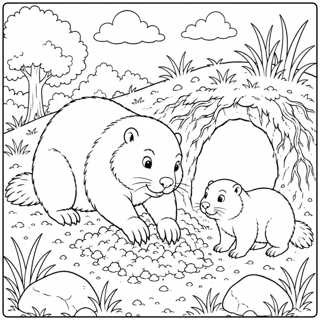 Parent and young meet outside a grassy burrow in this groundhog coloring page with stones and meadow plants.