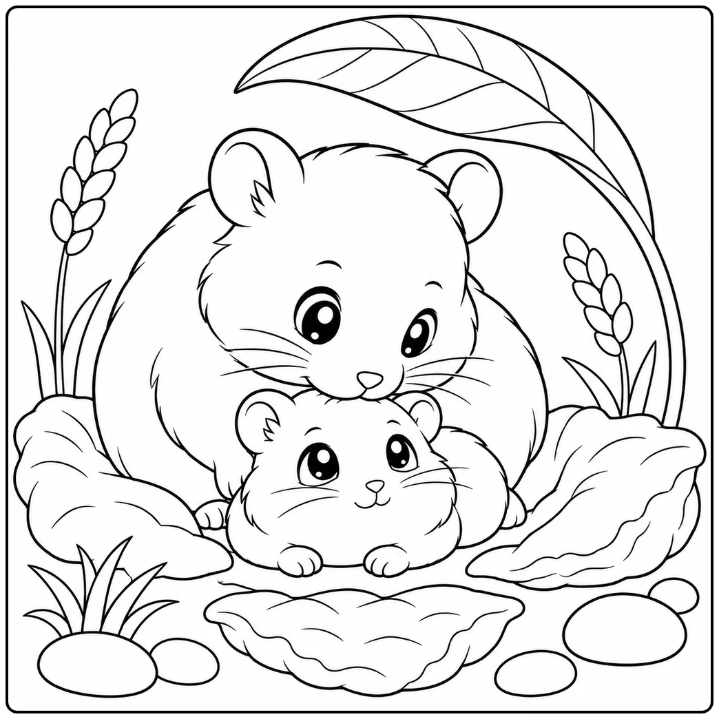 A baby hamster coloring page shows a parent cuddling its little hamster beneath a curved leaf and grain stalks