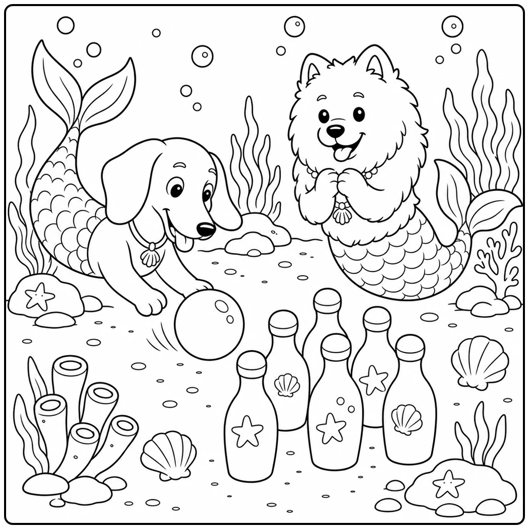 Two merdogs play pearl bowling in a dog mermaid coloring page with sea plants