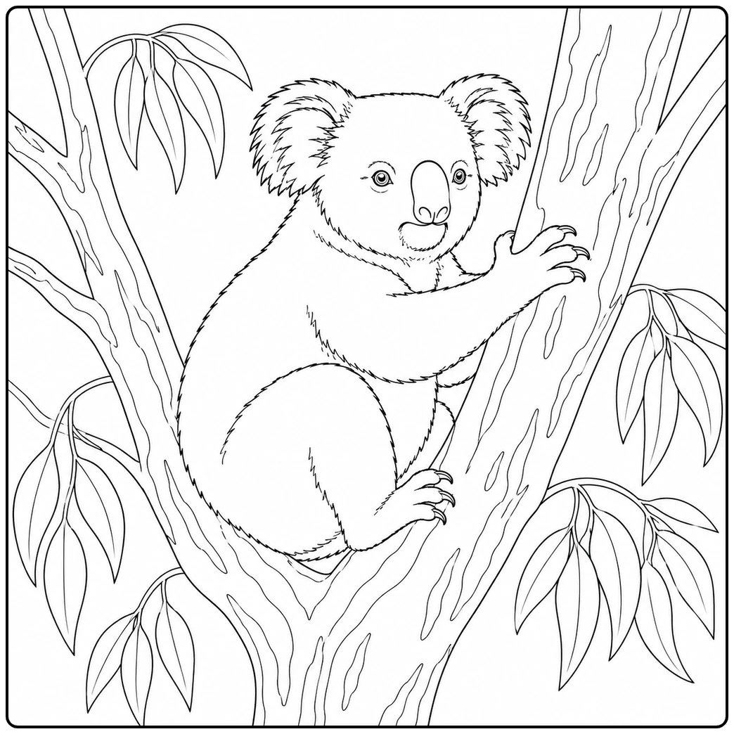 Koala grips a forked tree trunk while eucalyptus leaves frame the natural woodland scene