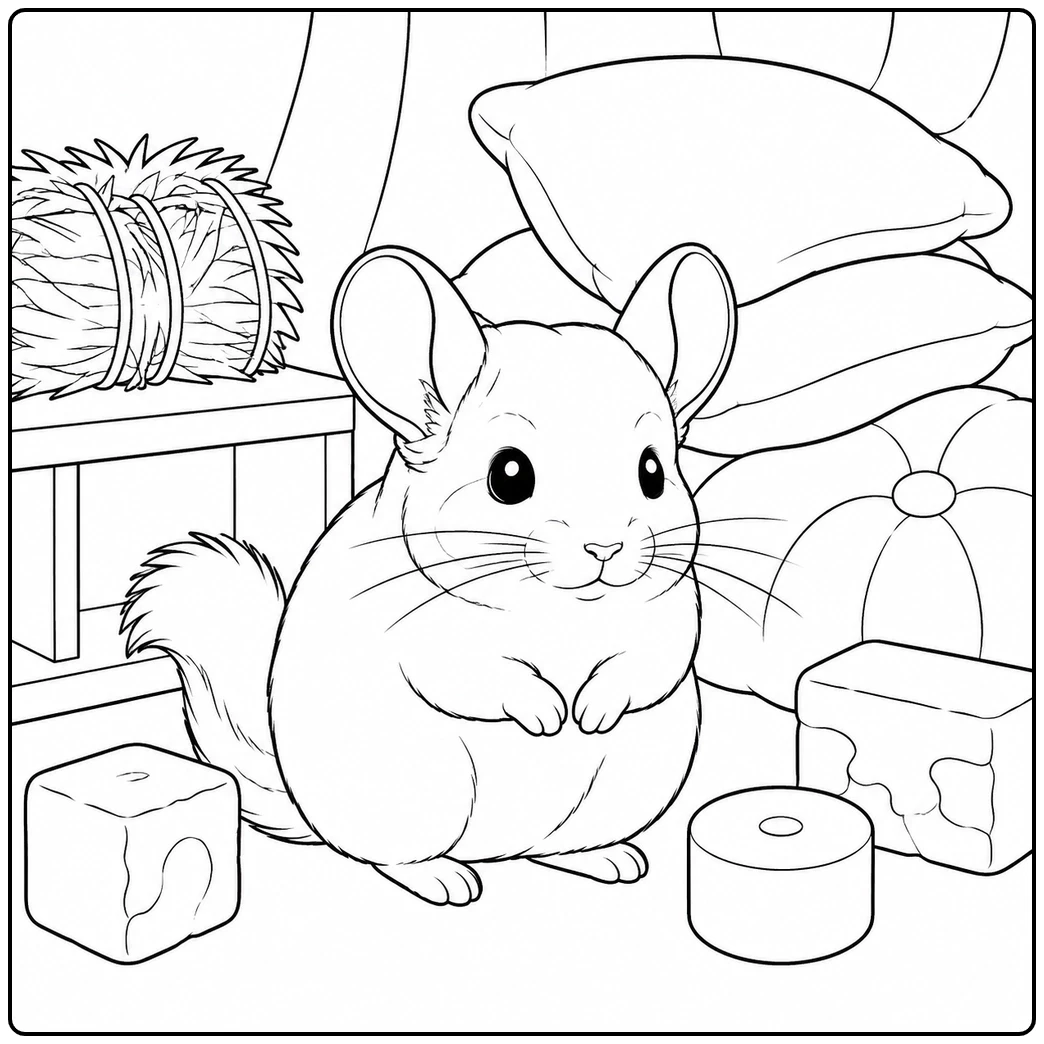 Wide-eyed chinchilla coloring page resting near stacked pillows and chunky chew blocks