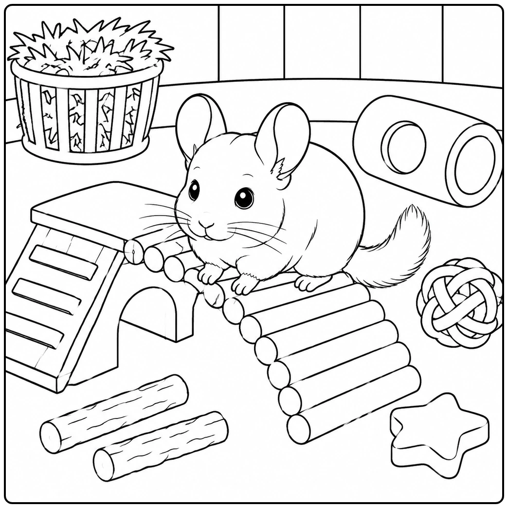 Active chinchilla coloring page crossing a wooden bridge in a toy-filled play area